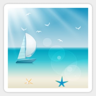 Cheerful Beach Sea Sailboat Scene Magnet